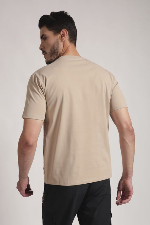Beige Graphic Patch Cotton T-Shirt