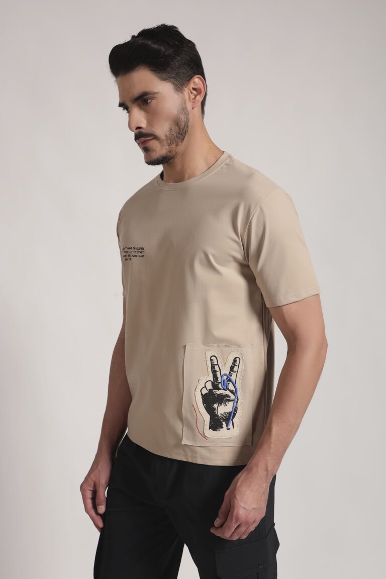 Beige Graphic Patch Cotton T-Shirt