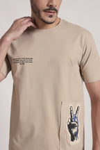 Beige Graphic Patch Cotton T-Shirt