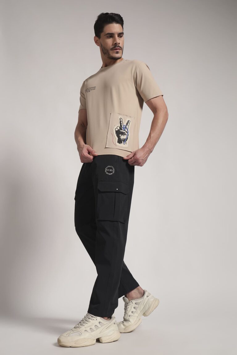 Beige Graphic Patch Cotton T-Shirt