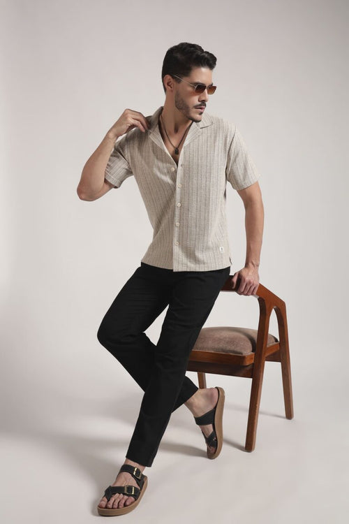 Beige Textured Vertical Stripe Cuban Collar Shirt