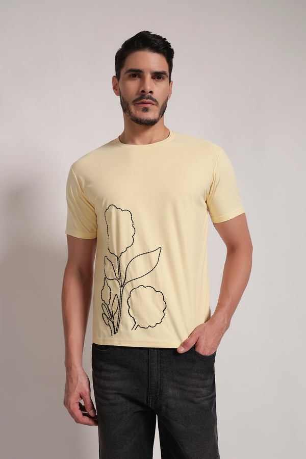 Light Yellow Floral Line-Art Graphic T-Shirt