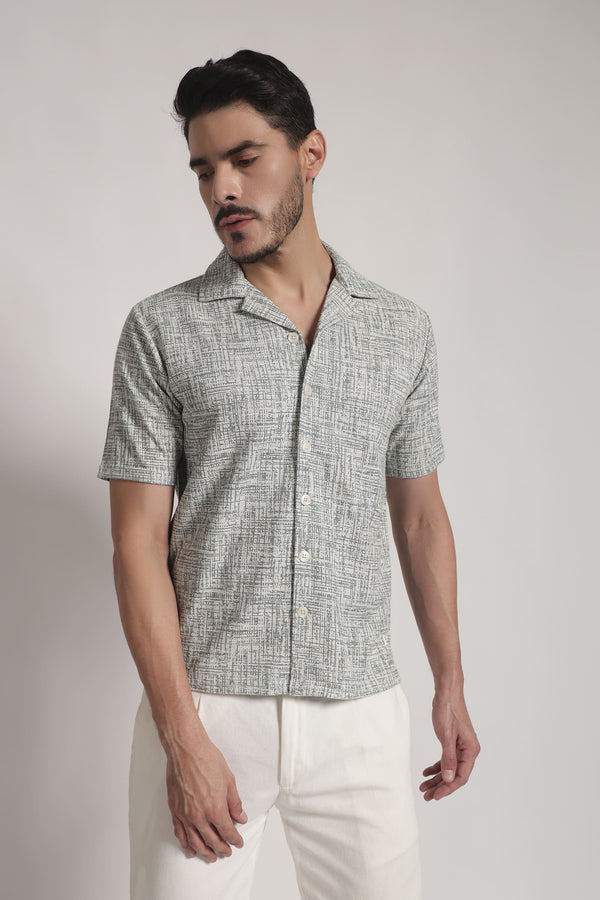 Grey Crosshatch Print Cuban Collar Shirt