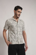 Men’s Beige Short Sleeve Camp Collar Shirt – Relaxed Fit Vertical Stripe Summer Shirt