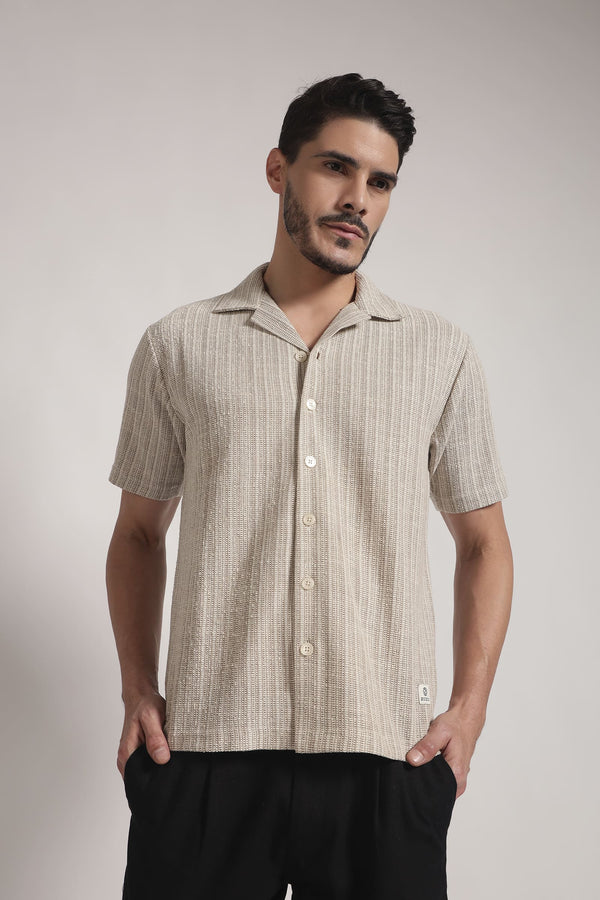 Beige Textured Vertical Stripe Cuban Collar Shirt
