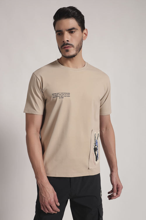 Beige Graphic Patch Cotton T-Shirt
