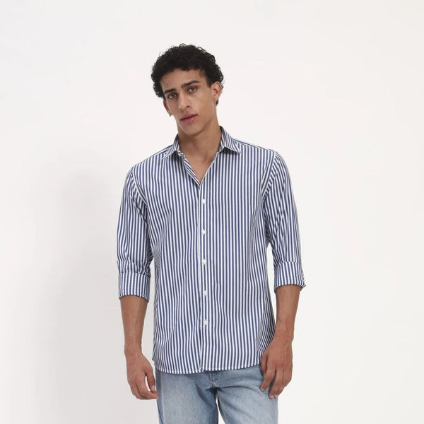 Blue & White Vertical Stripe Cotton Shirt