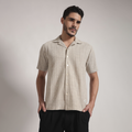 Beige Textured Vertical Stripe Cuban Collar Shirt