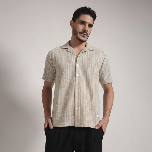 Beige Textured Vertical Stripe Cuban Collar Shirt