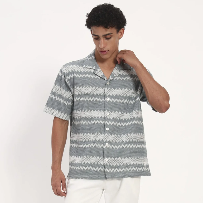 Slate Grey Zigzag Print Cuban Collar Shirt