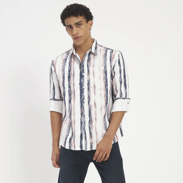 Navy & Blush Vertical Stripe Washed Cotton Shirt
