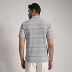 Grey & White Geometric Print Cuban Collar Shirt