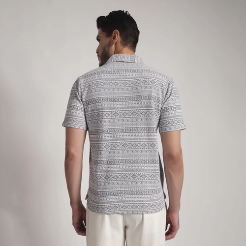 Grey & White Geometric Print Cuban Collar Shirt