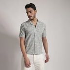 Grey Crosshatch Print Cuban Collar Shirt