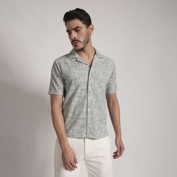 Grey Crosshatch Print Cuban Collar Shirt