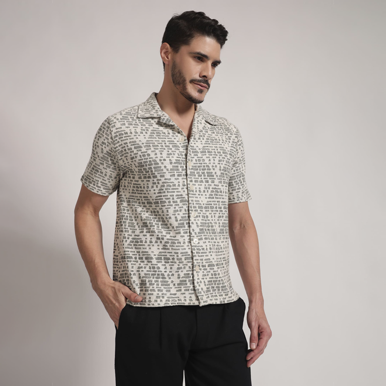 Monochrome Abstract Block Print Cuban Collar Shirt