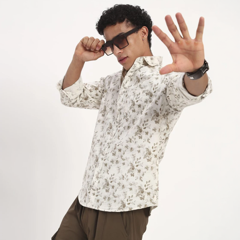 White Floral Print Cotton Shirt