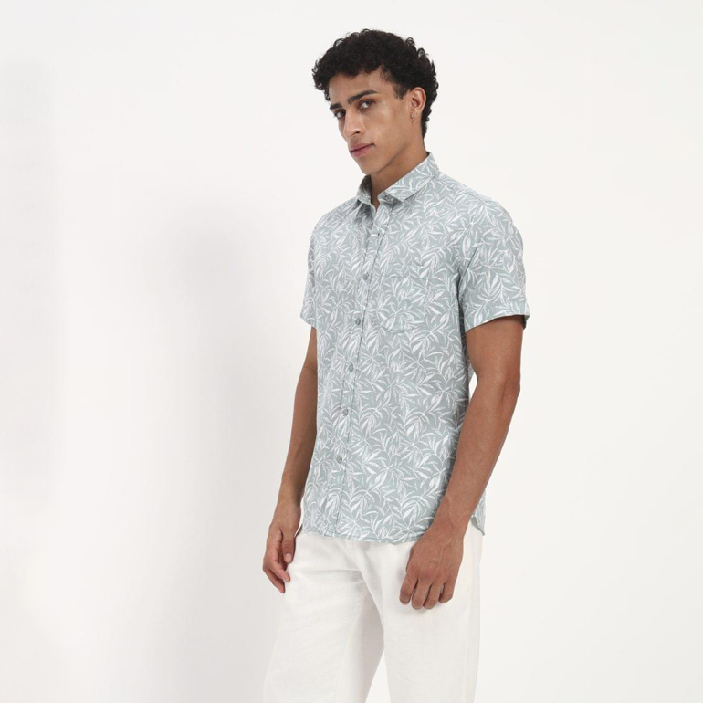 Mist Green Tropical Leaf Print Short Sleeve Shirt