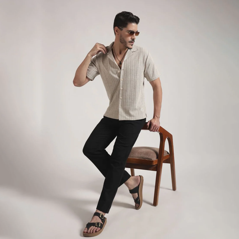 Beige Textured Vertical Stripe Cuban Collar Shirt