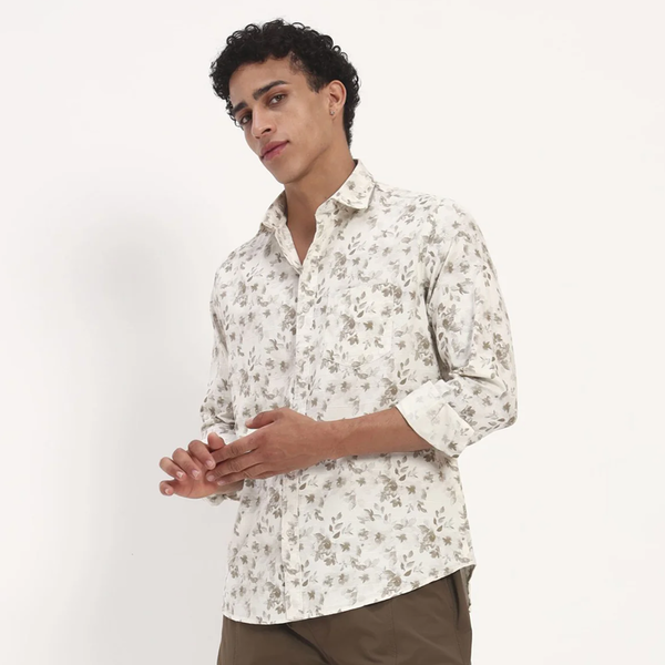 White Floral Print Cotton Shirt