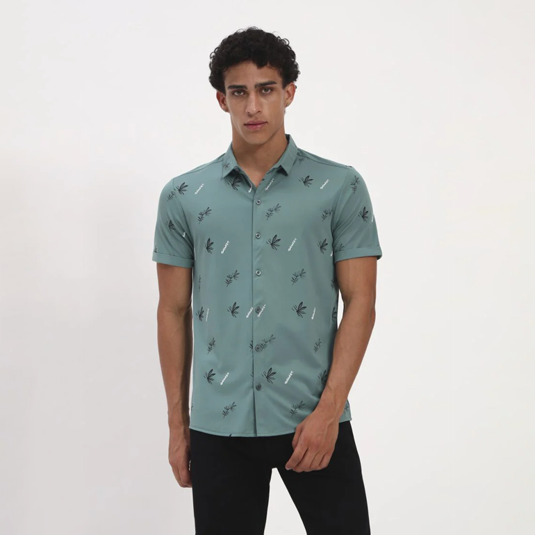 Teal Green Tropical Print Short Sleeve Shirt