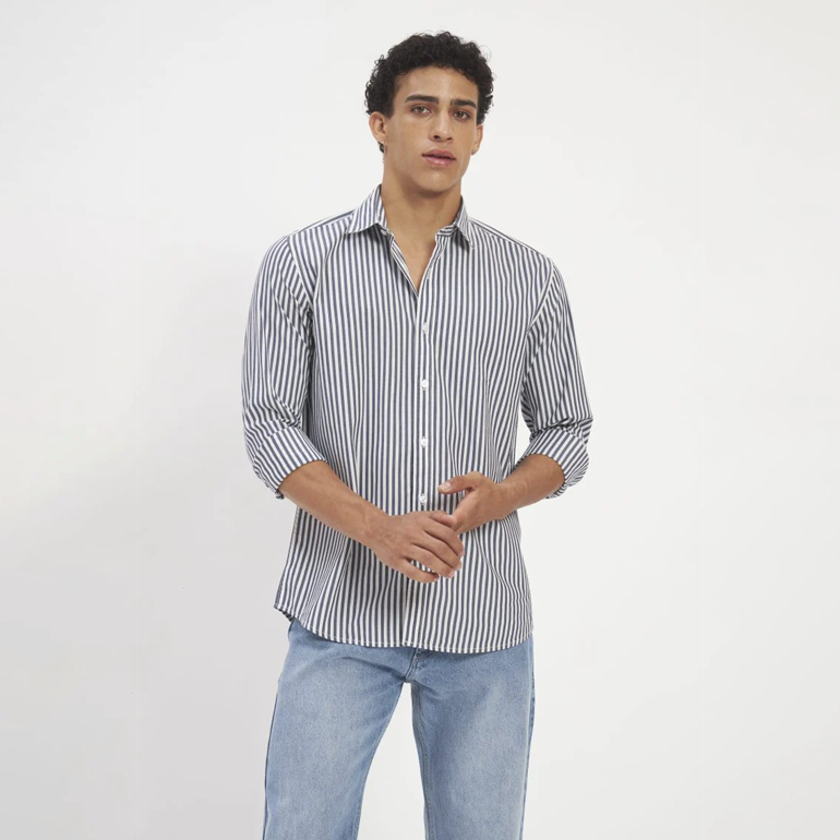Navy & White Vertical Stripe Cotton Shirt