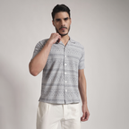 Grey & White Geometric Print Cuban Collar Shirt