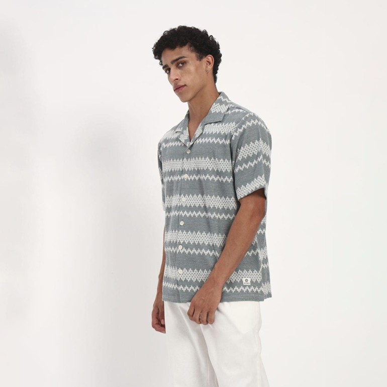 Slate Grey Zigzag Print Cuban Collar Shirt