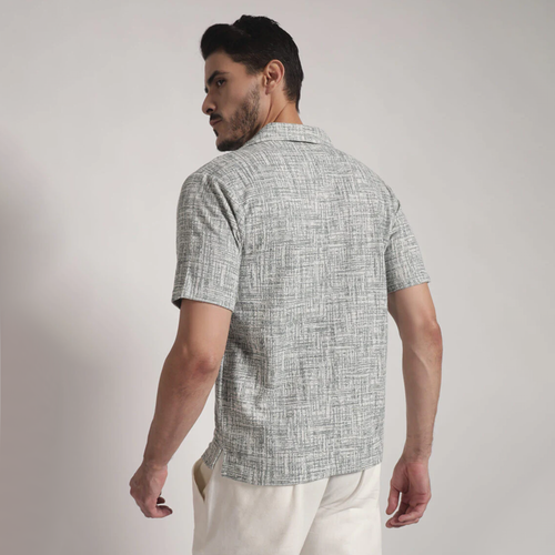 Grey Crosshatch Print Cuban Collar Shirt