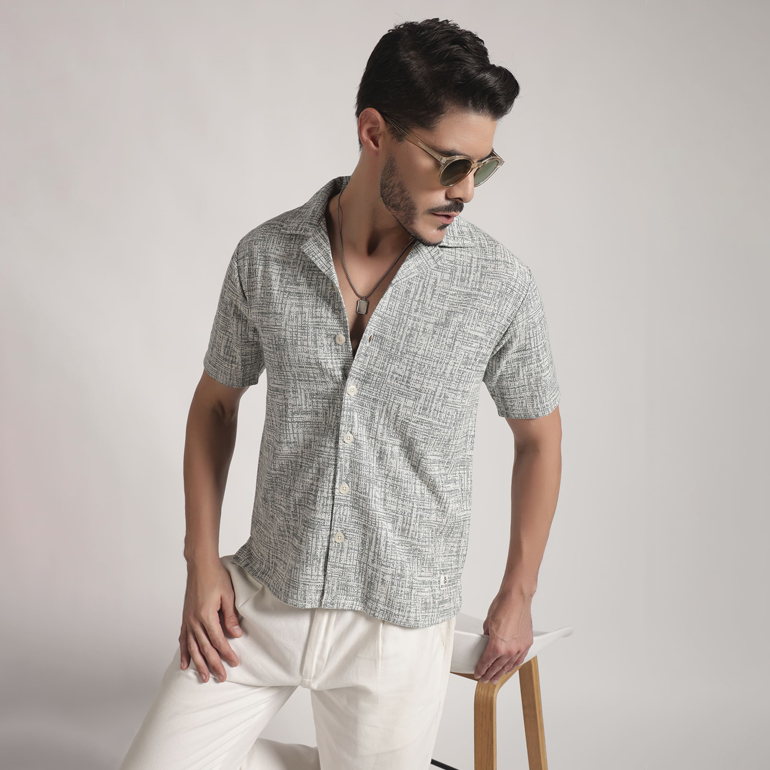Grey Crosshatch Print Cuban Collar Shirt