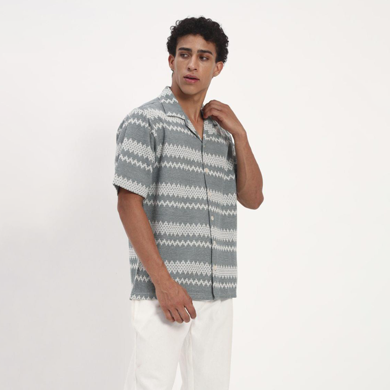 Slate Grey Zigzag Print Cuban Collar Shirt