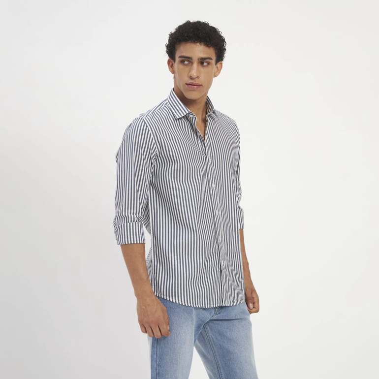 Navy & White Vertical Stripe Cotton Shirt