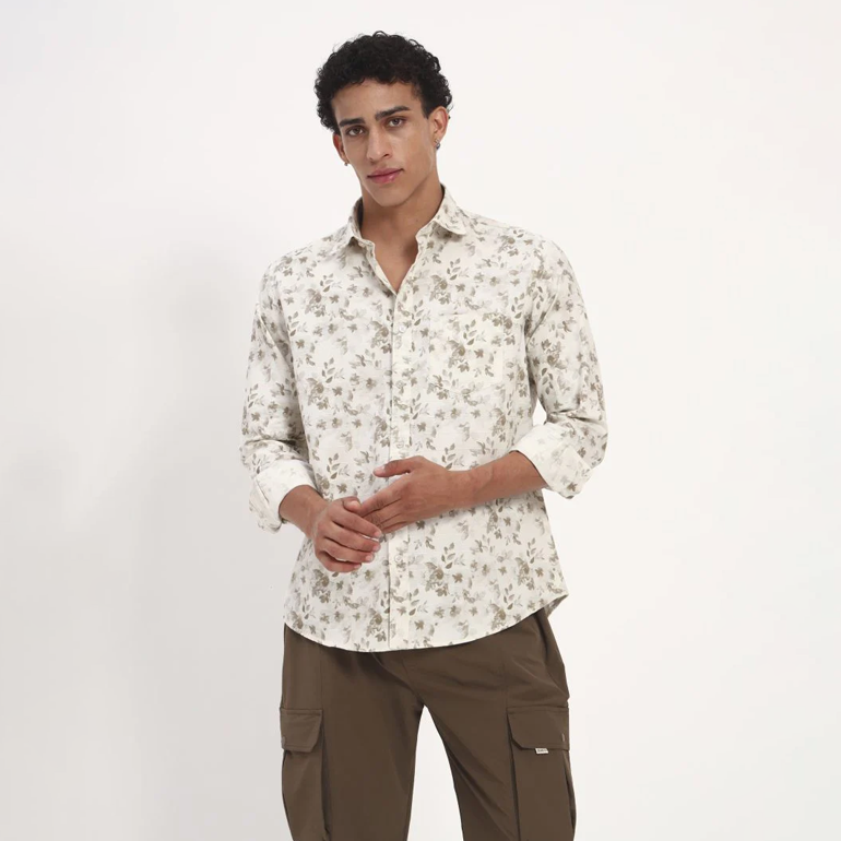 White Floral Print Cotton Shirt