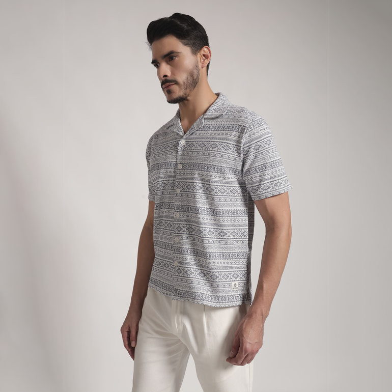Grey & White Geometric Print Cuban Collar Shirt
