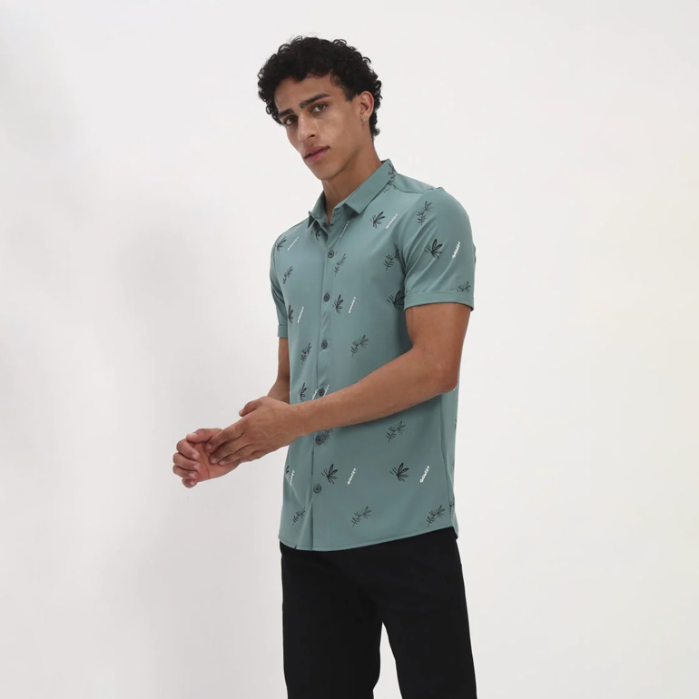 Teal Green Tropical Print Short Sleeve Shirt