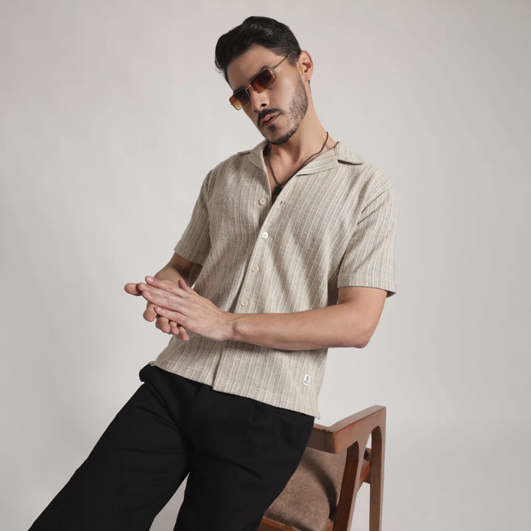 Beige Textured Vertical Stripe Cuban Collar Shirt