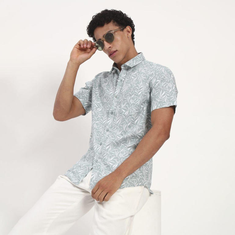 Mist Green Tropical Leaf Print Short Sleeve Shirt