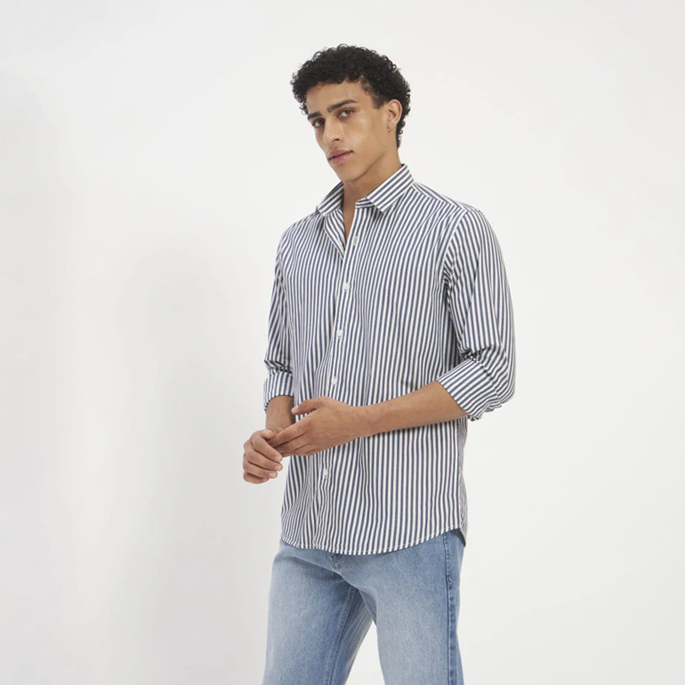 Navy & White Vertical Stripe Cotton Shirt