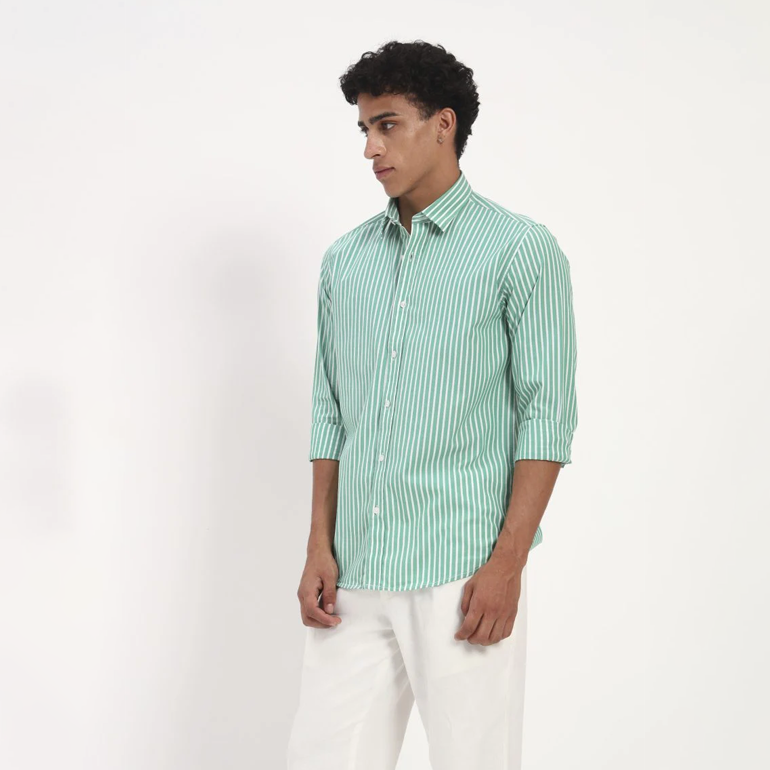 Mint Green Vertical Stripe Cotton Shirt