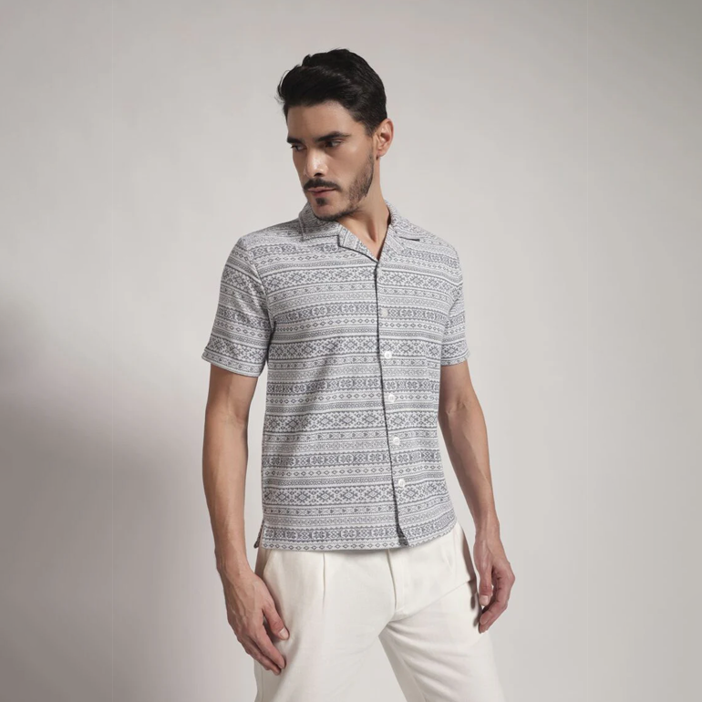 Grey & White Geometric Print Cuban Collar Shirt