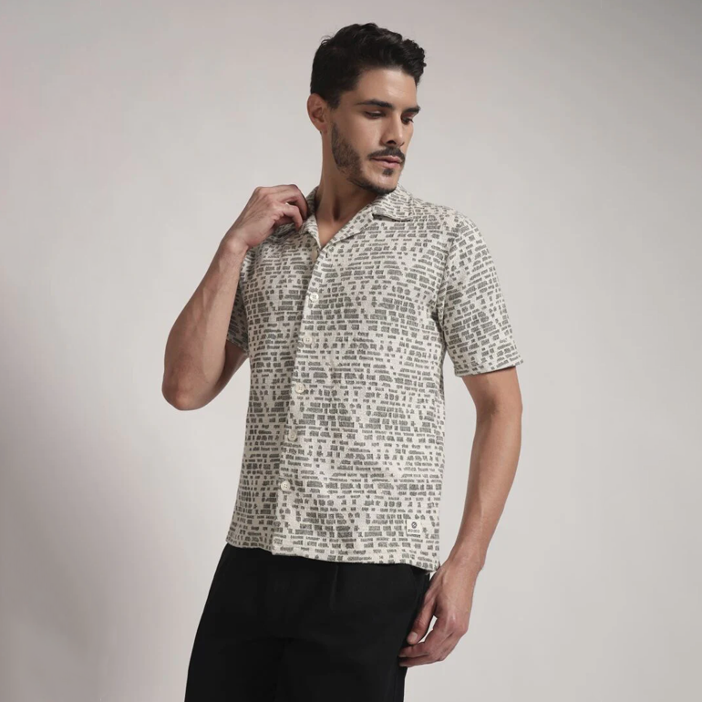Monochrome Abstract Block Print Cuban Collar Shirt