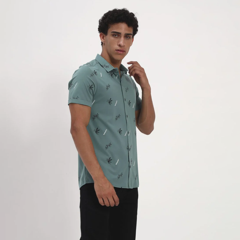 Teal Green Tropical Print Short Sleeve Shirt