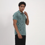 Teal Green Tropical Print Short Sleeve Shirt