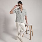 Grey Crosshatch Print Cuban Collar Shirt