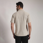 Beige Textured Vertical Stripe Cuban Collar Shirt