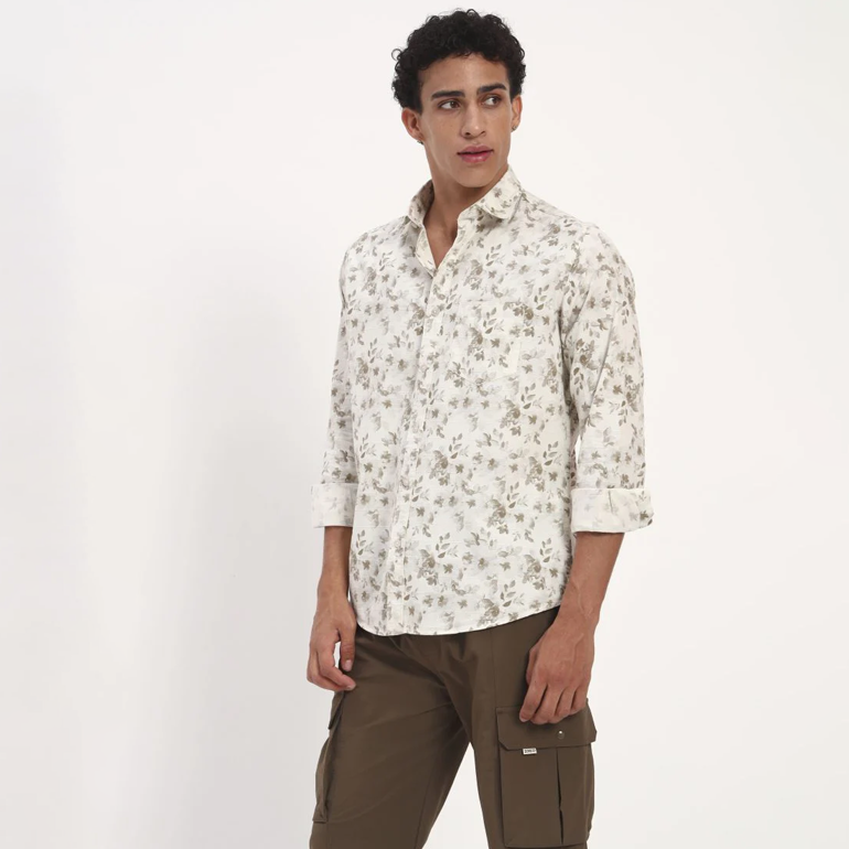 White Floral Print Cotton Shirt