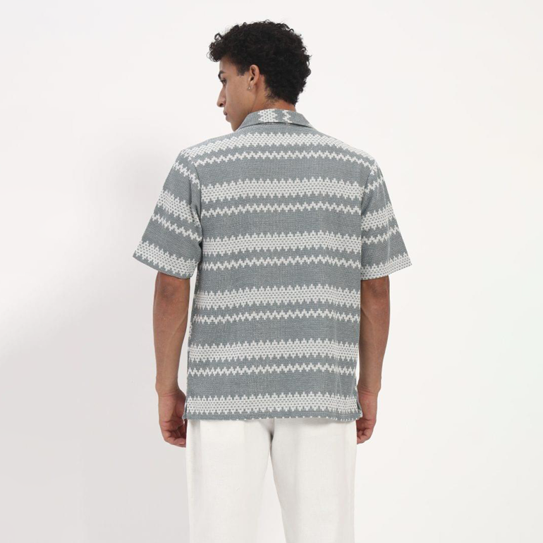 Slate Grey Zigzag Print Cuban Collar Shirt