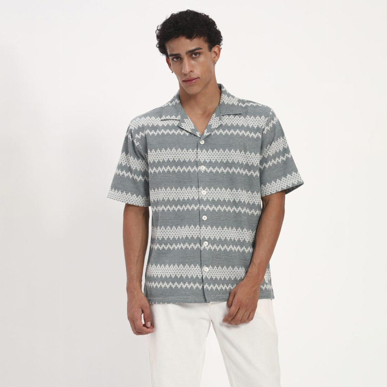 Slate Grey Zigzag Print Cuban Collar Shirt