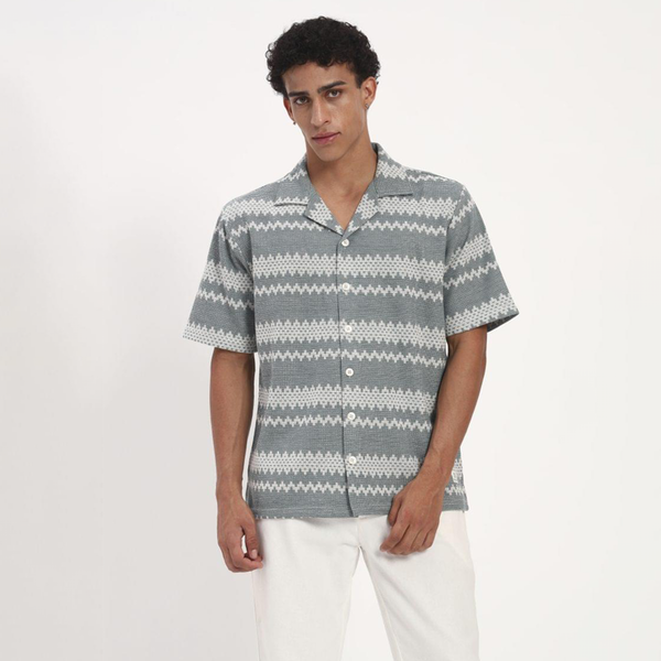 Slate Grey Zigzag Print Cuban Collar Shirt