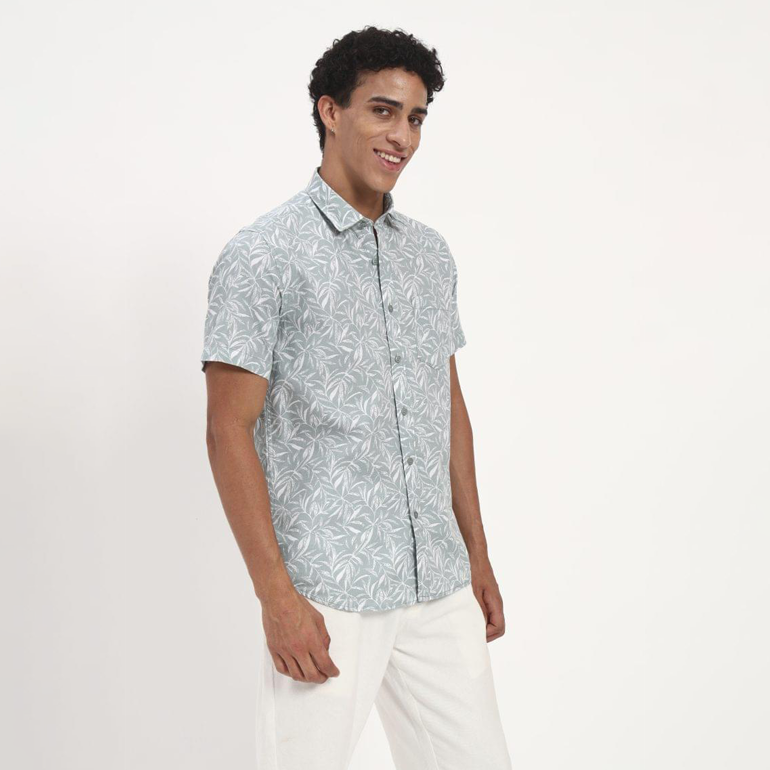Mist Green Tropical Leaf Print Short Sleeve Shirt